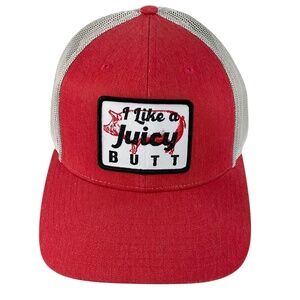 “I Like a Juicy Butt” Red Trucker Hat Funny BBQ Snapback Richardson 115 Mesh Cap
